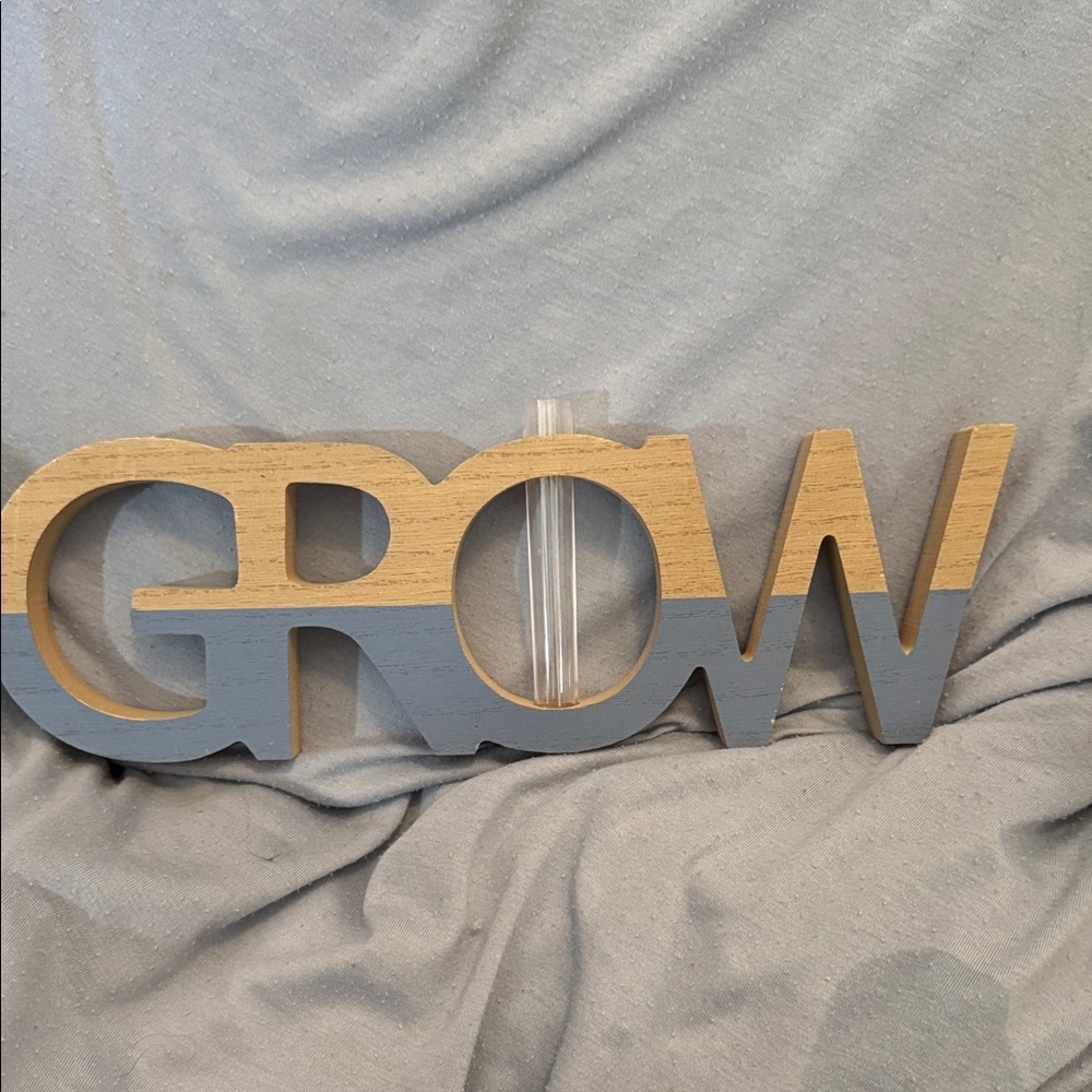 Grow Wooden Wall Decor Sign in Natural Wood and Blue